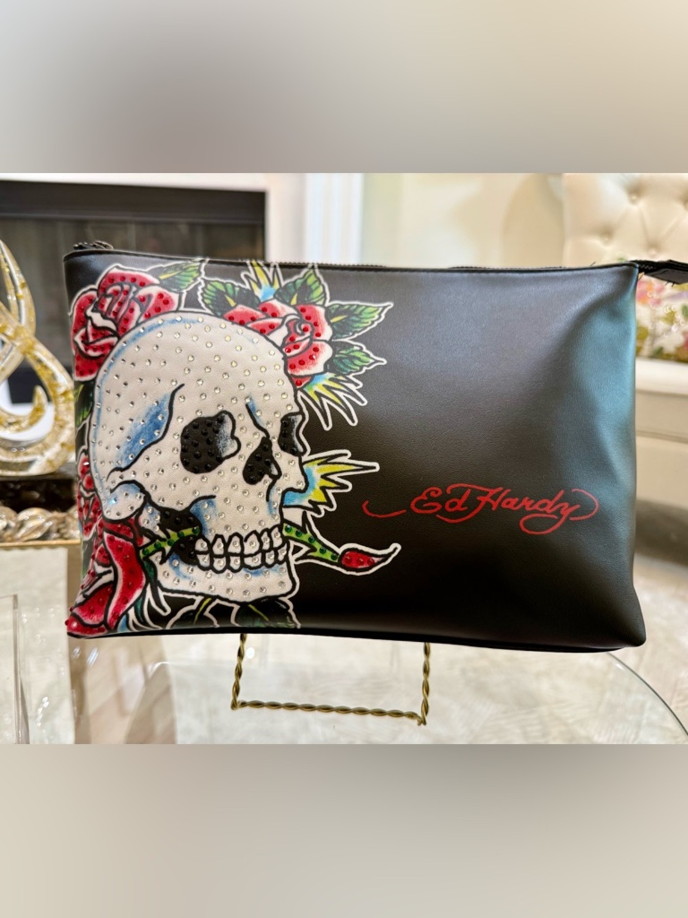 Ed Hardy Black Skull & Roses Decorative Pouch with Red Script